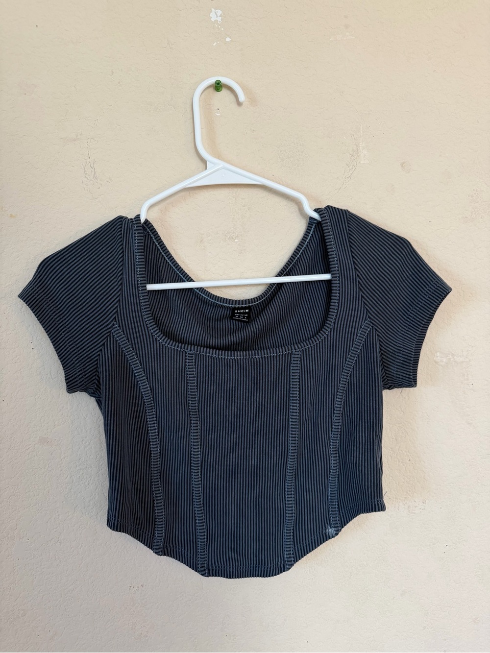 Square Neck Ribbed Crop Top - Charcoal Blue